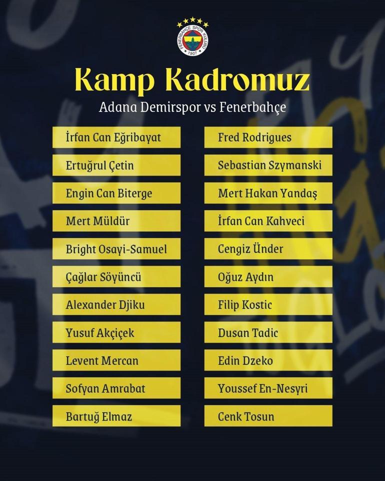 F.Bahçe'nin Adana Demirspor maçı kadrosu açıklandı, 6 eksik...